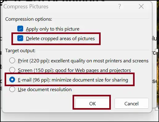 Select image compression target to reduce file size of excel
