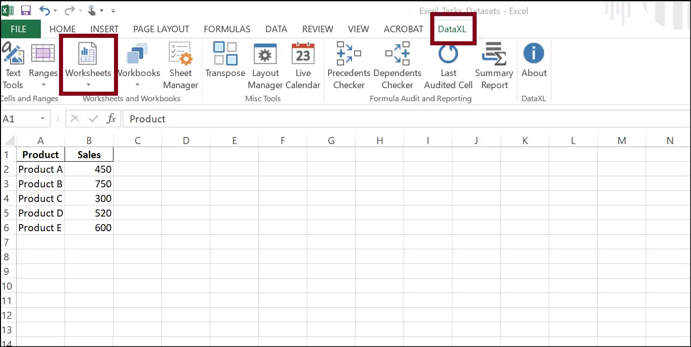 Tap on DataXL from ribbon to reduce excel file size