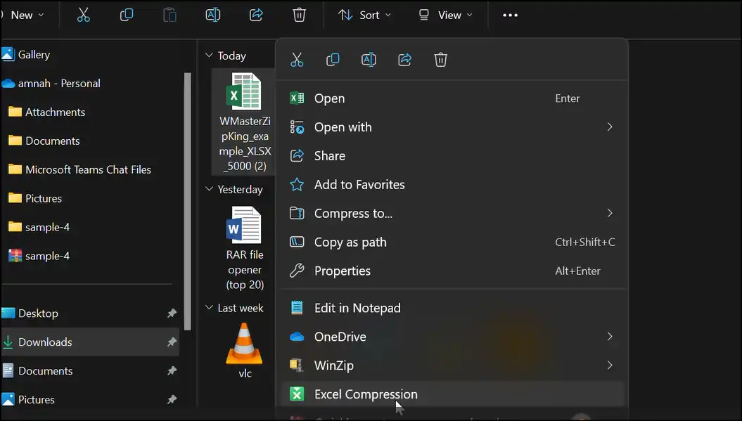 Right click on Excel file and click Excel Compression