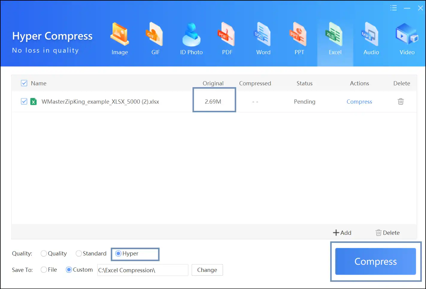 Select compression level and press Compress to reduce excel file size