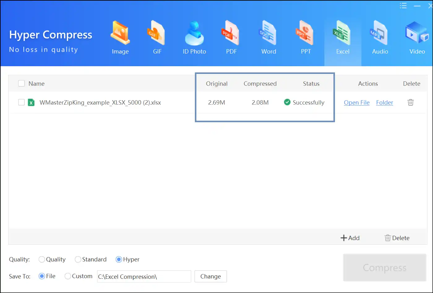 Your Excel file is reduced successfully with ZipKing