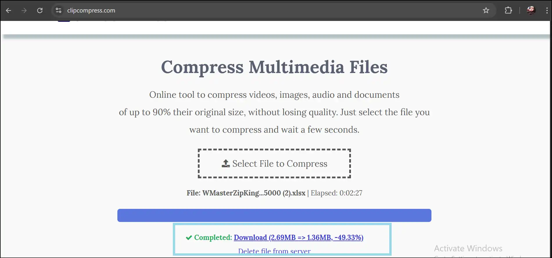 Download the compressed Excel file using ClipCompress