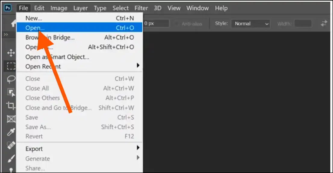 Tap File to select image to reduce image size with Photoshop