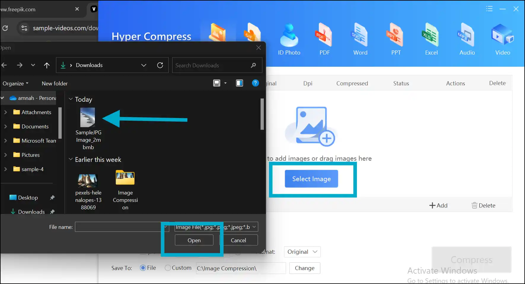 Select image to reduce image size in KB on Windows with Zipking