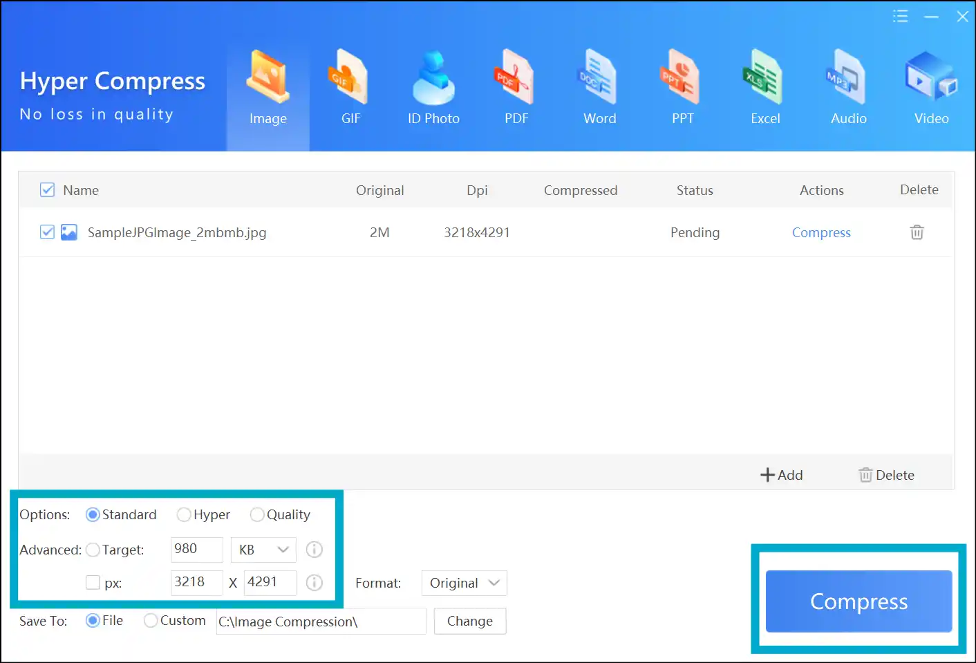 Input custom size to reduce image size on Windows with Zipking