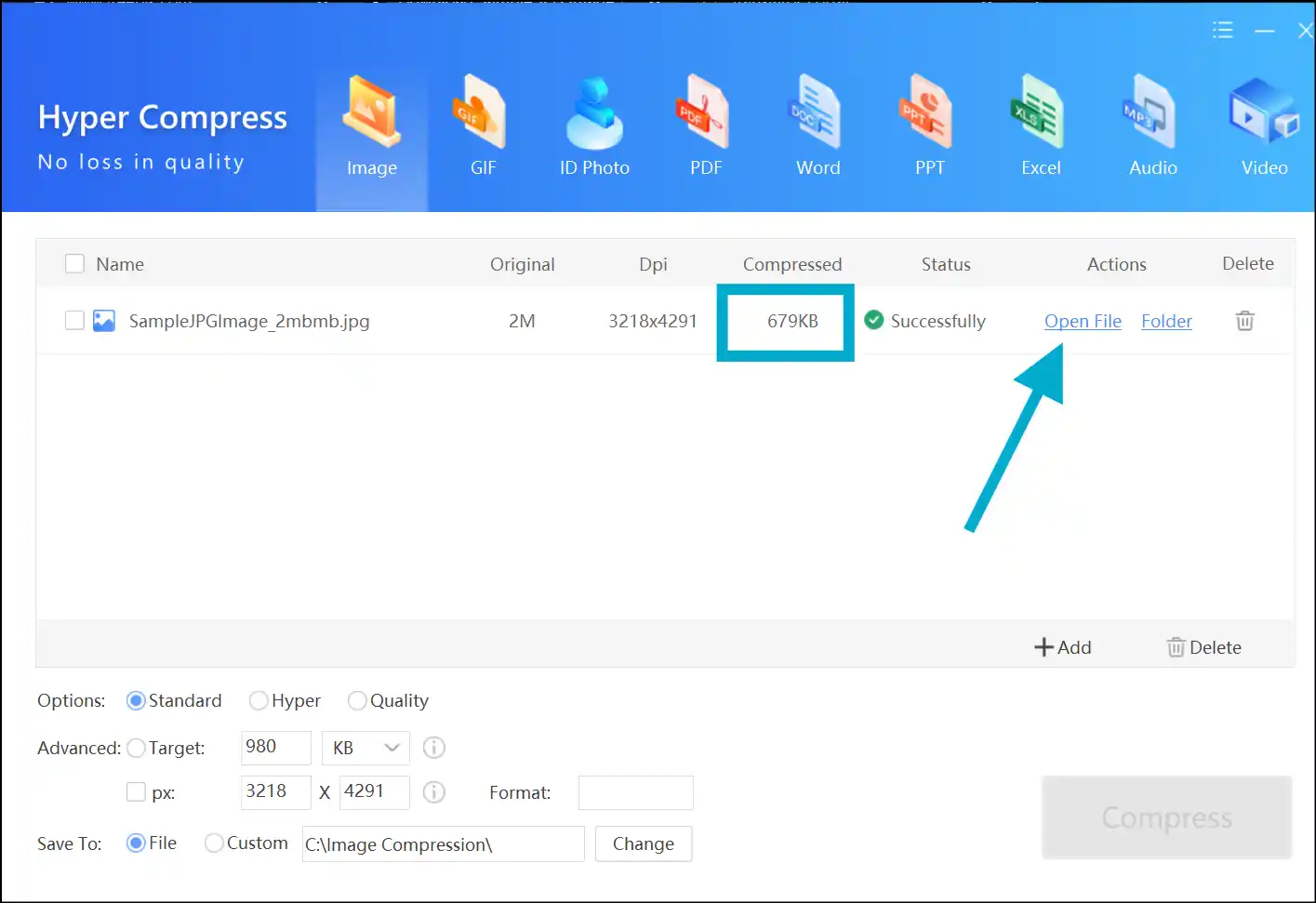Access the image with reduced size in KB on Windows with Zipking