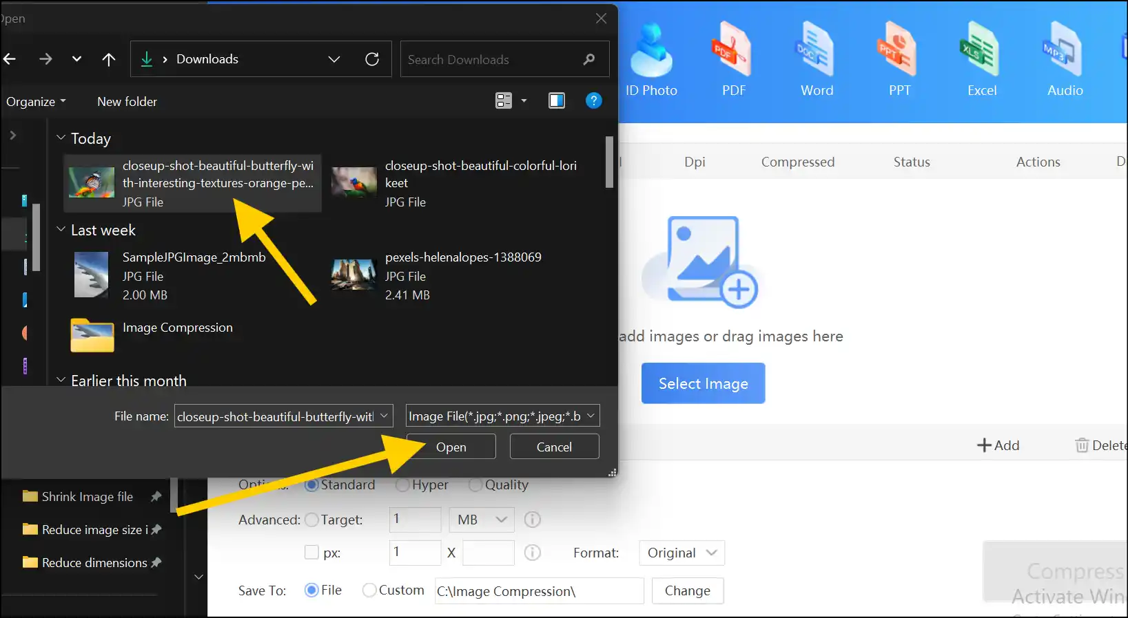 Select JPEG image file to reduce file size on Windows with ZipKing
