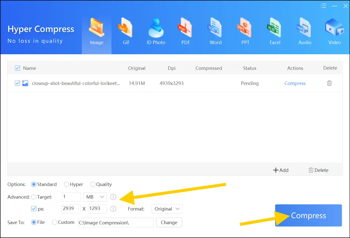 Select compression level and custom dimensions to reduce JPEG dimensions on Windows