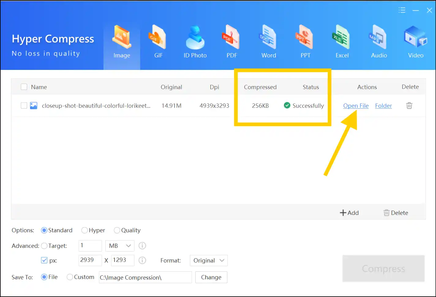Press Open File to access compressed JPEG image file on Windows