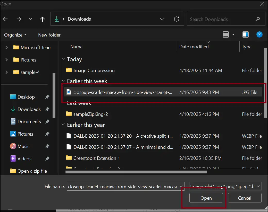 Select JPG file format and click open to upload it on ZipKing app