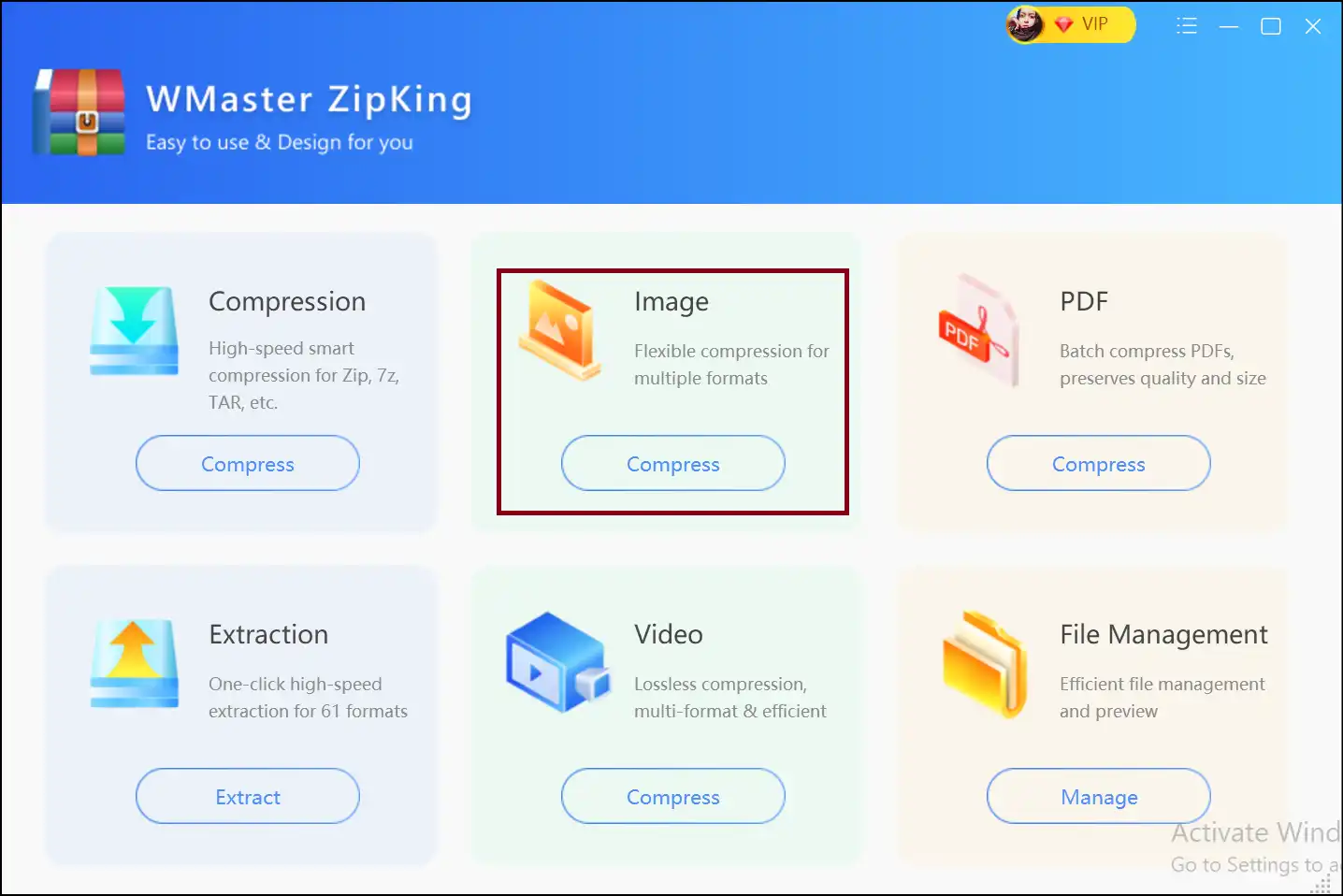 Launch WMaster ZipKing and press Image compress to reduce JPEG file