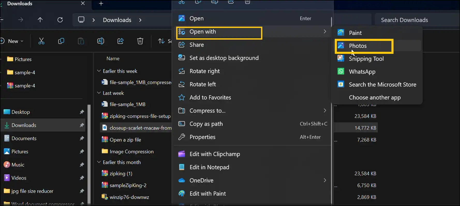 Locate JPG file and right click to open with Photos app