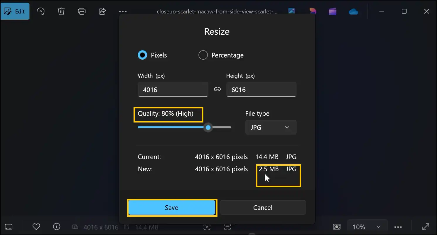 Custom select target size and quality of compressed JPG image file