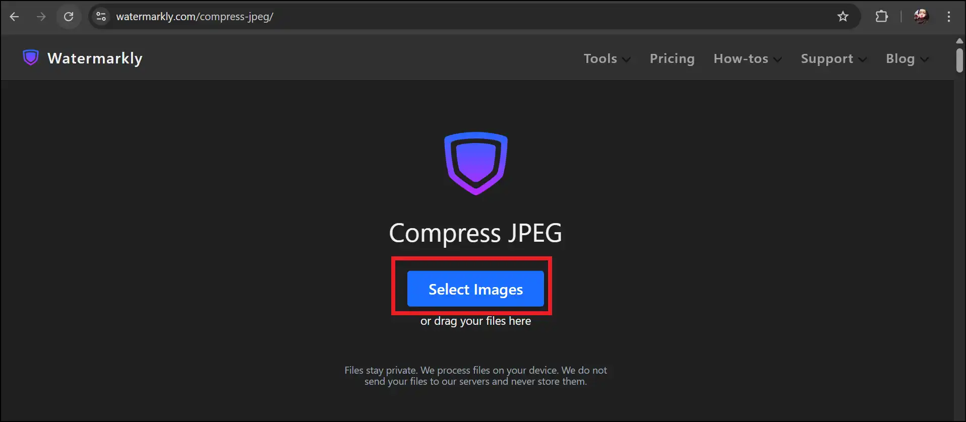 Visit Watermarkly and upload JPG file to compress
