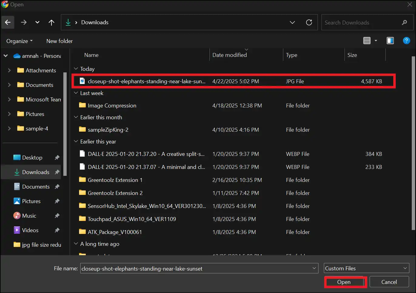 Select JPG file and upload it on website