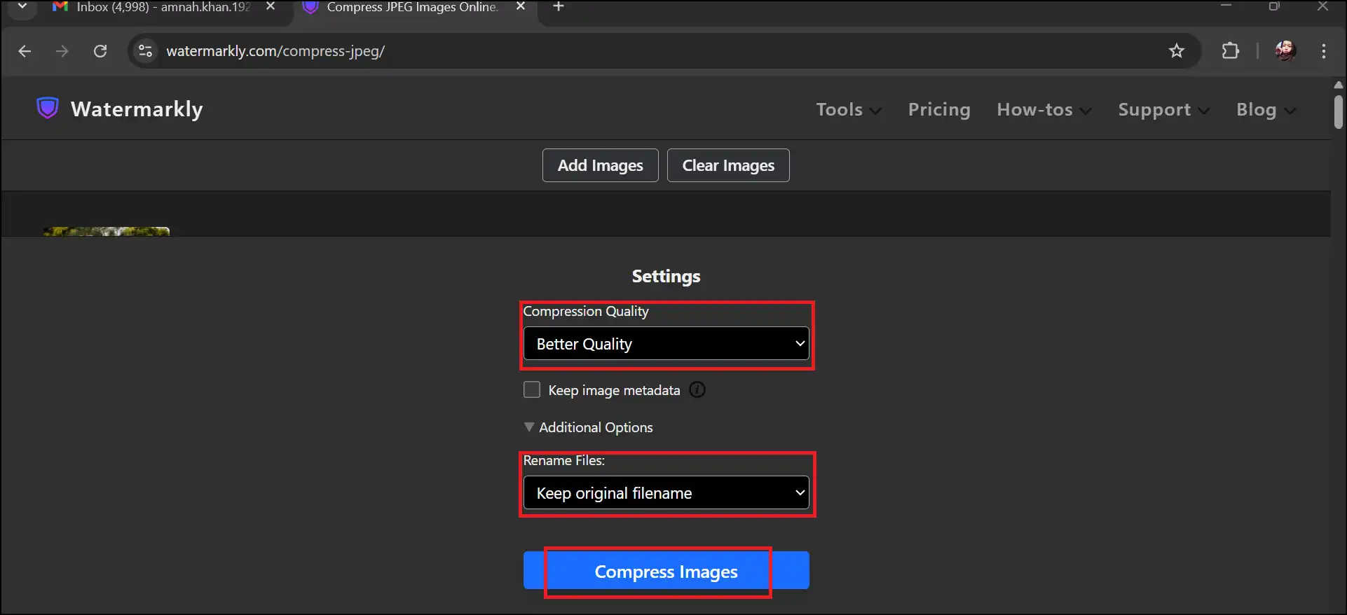 Select customization settings for compressed JPG