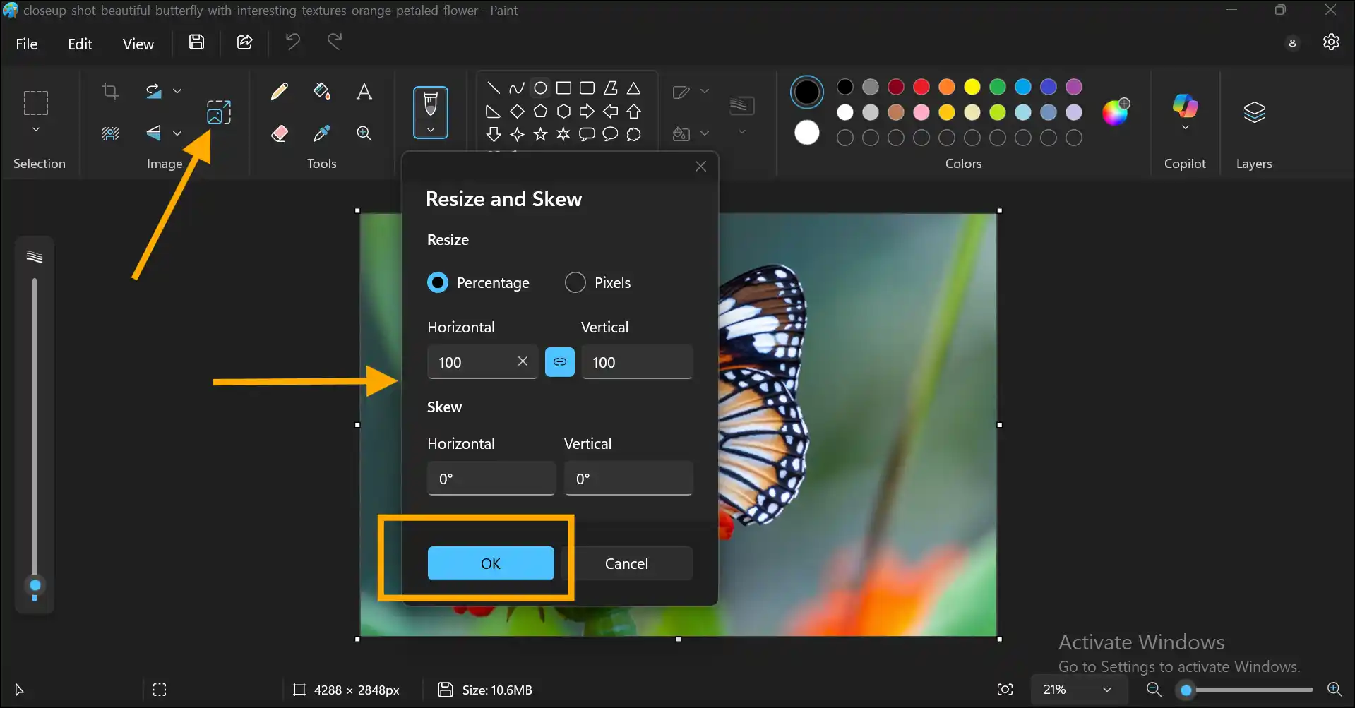 Tap Resize icon and set custom JPEG dimensions to reduce file size