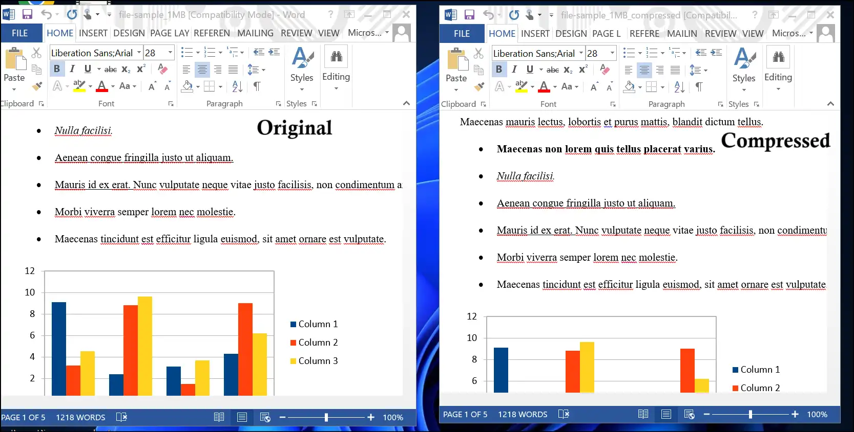 Compare the original Word file and compressed version of Word file