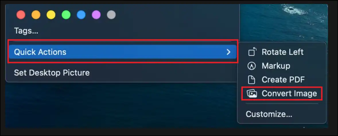From context menu select Convert Image to compress JPEG on Mac