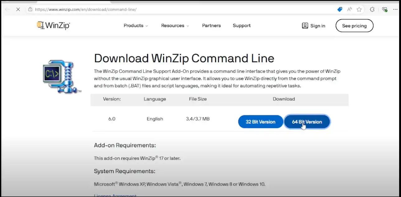 Download the WinZip Command Line 64-bit version add-on to fix a zip file