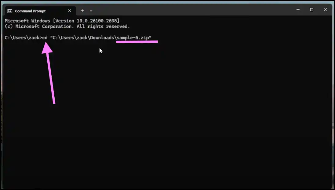 Use cd command to change directory and repair zip file