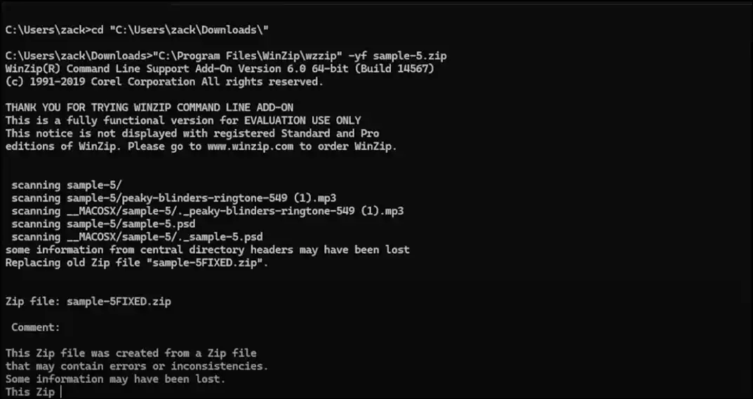 The data of corrupted file is retrieving using Winzip command line