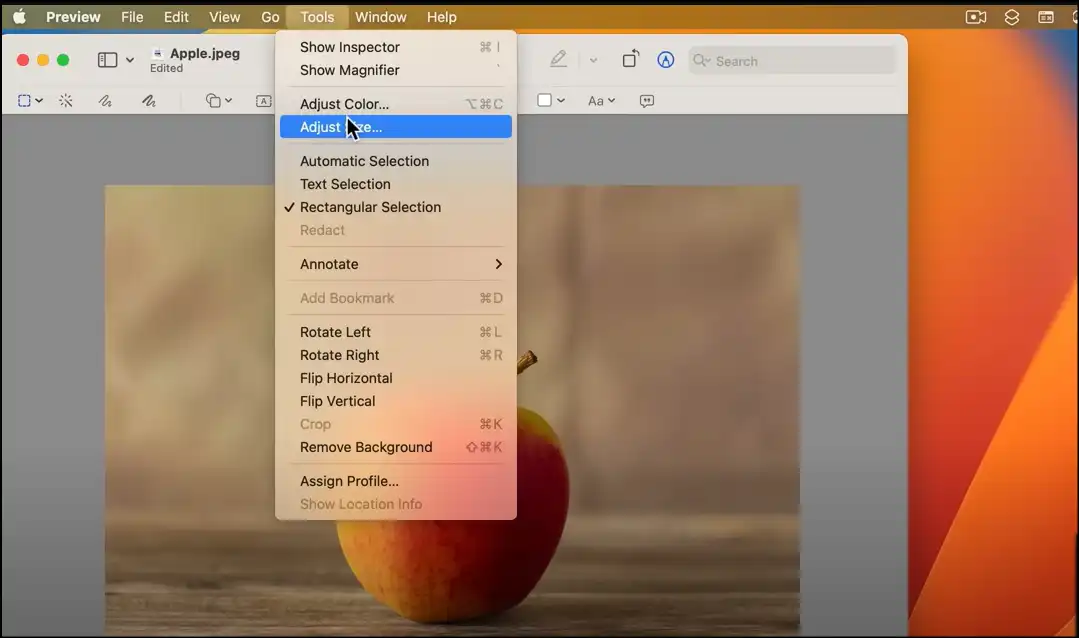 Select Adjust size from Tool tab to resize photo for instagram using Mac Preview