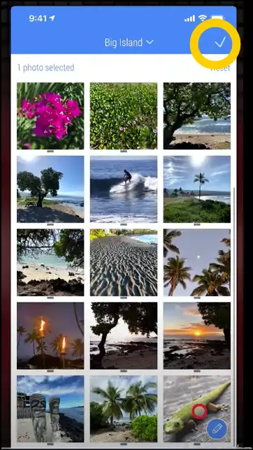 Select photo and tap on tick mark to resize photo for instagram on iPhone