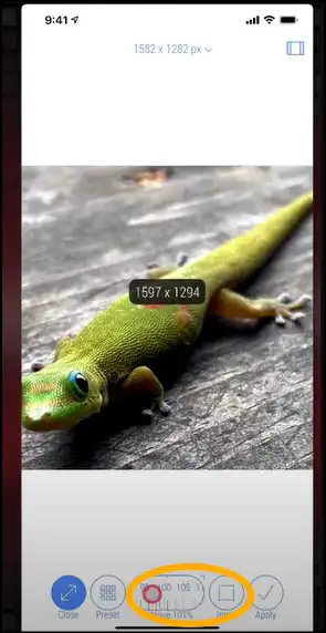 Drag or input photo size for resized photo for Instagram using iPhone app