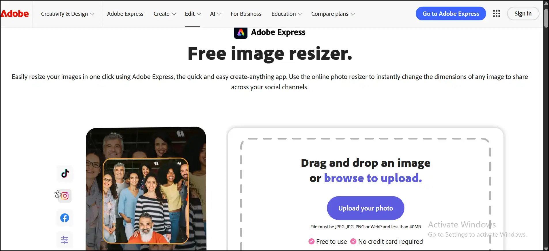 Visit Adobe Express to resize photo for instagram online