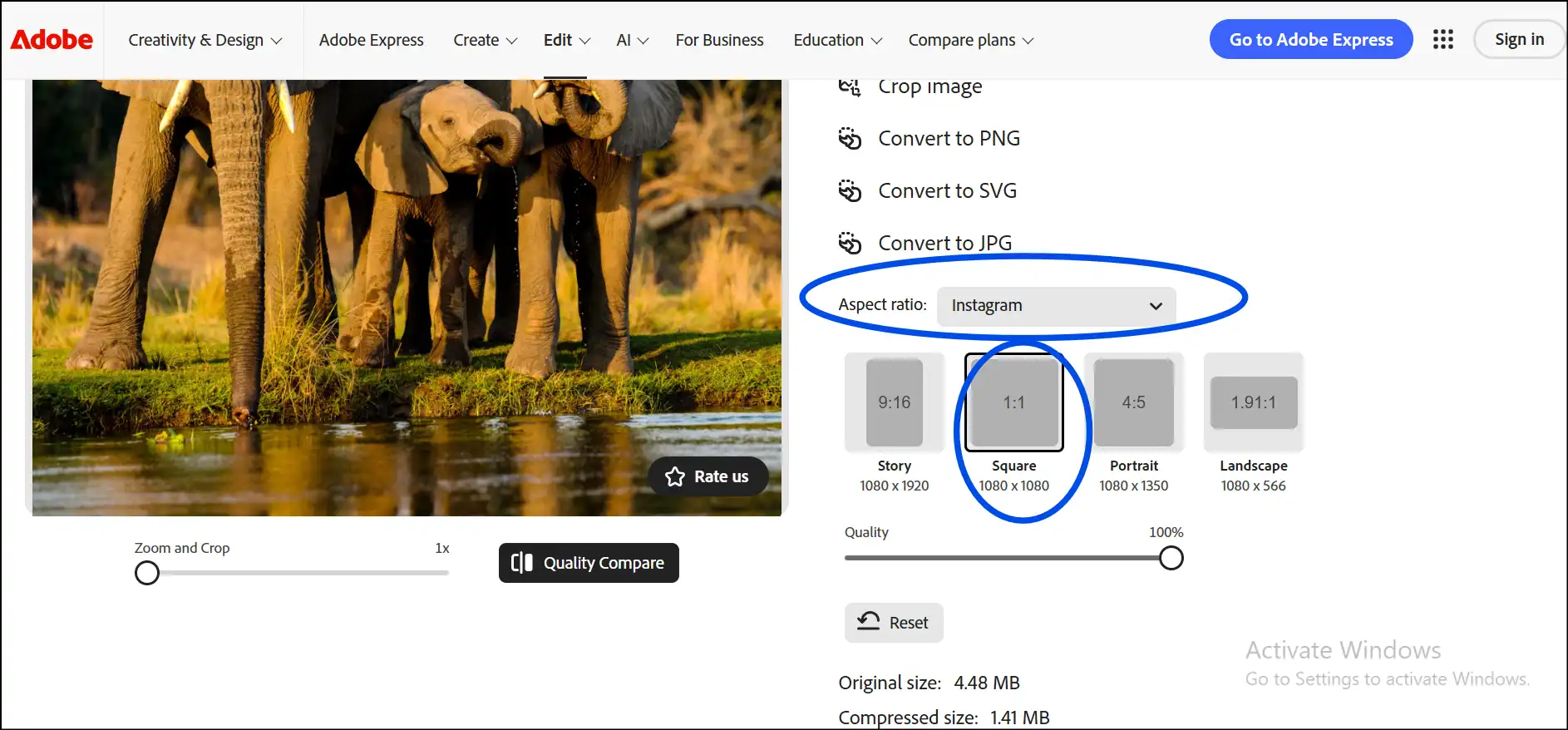 Select aspect ratio to resize photos for instagram