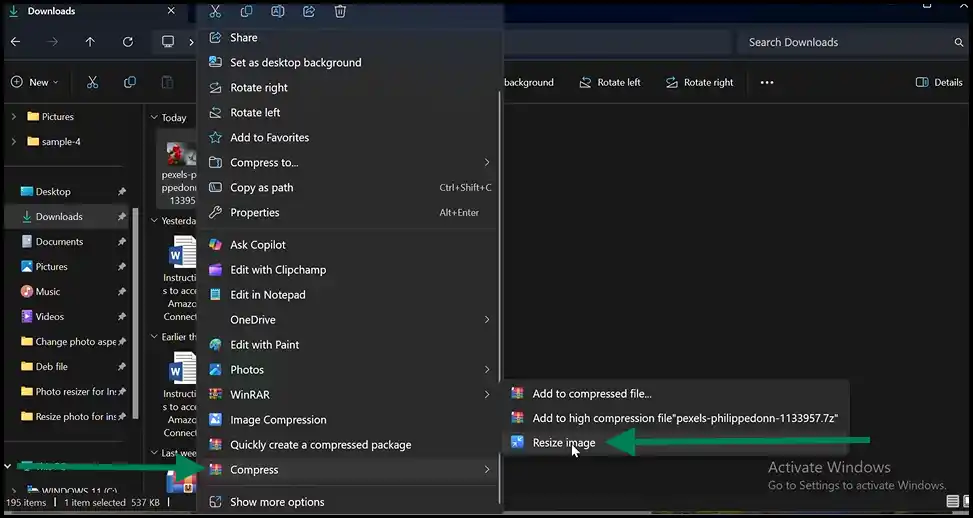 Right-click to select resize image with WMaster Zipking