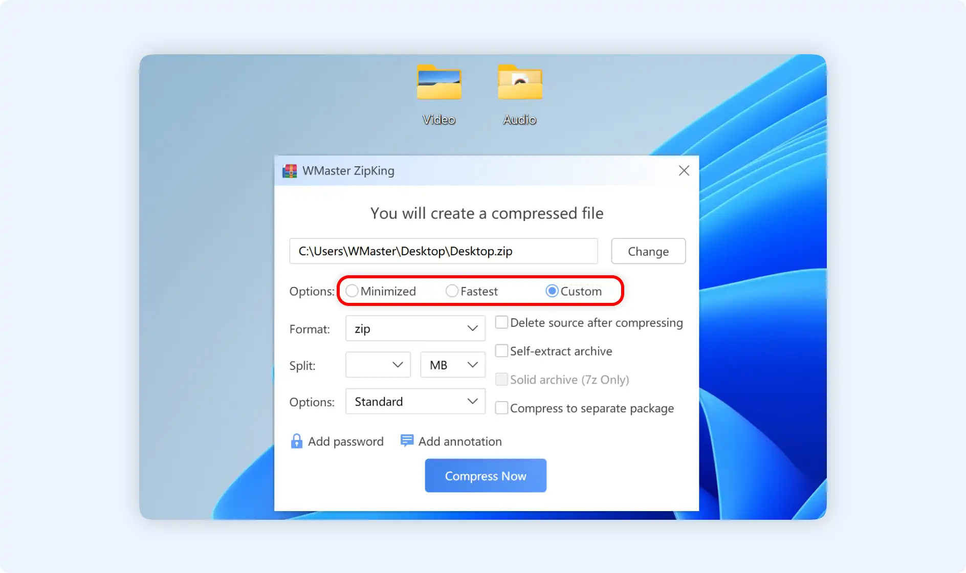 customize your compressed package size, name and compression type
