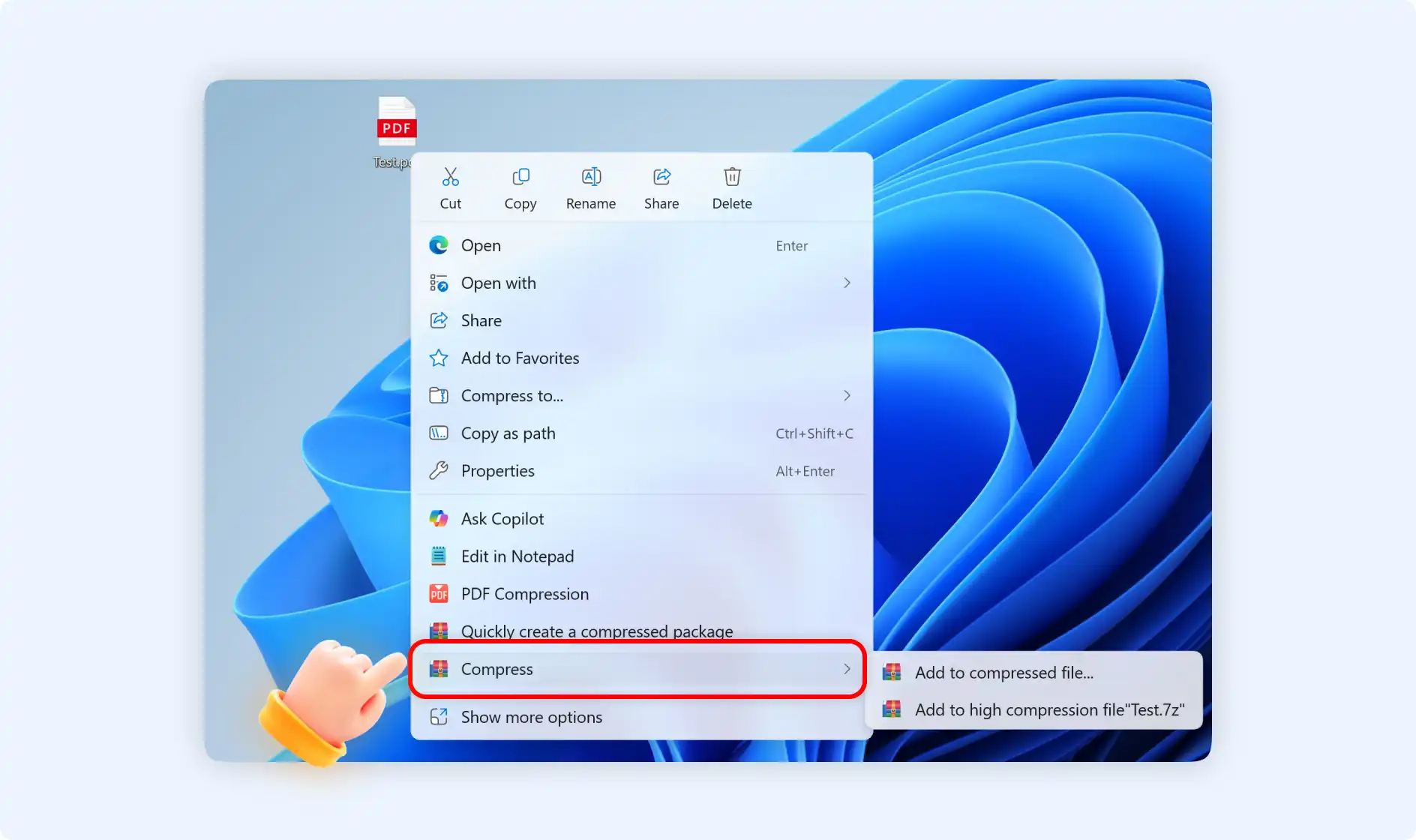2 options when right-clicking PDF files to select compress