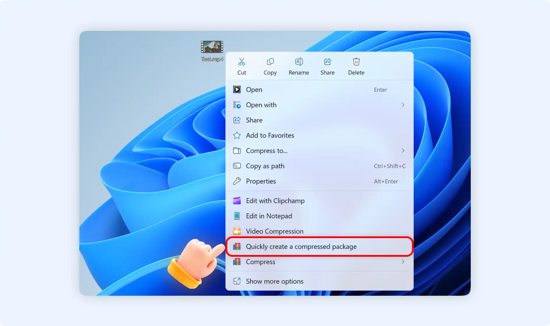 right-click to select quickly create a compressed package