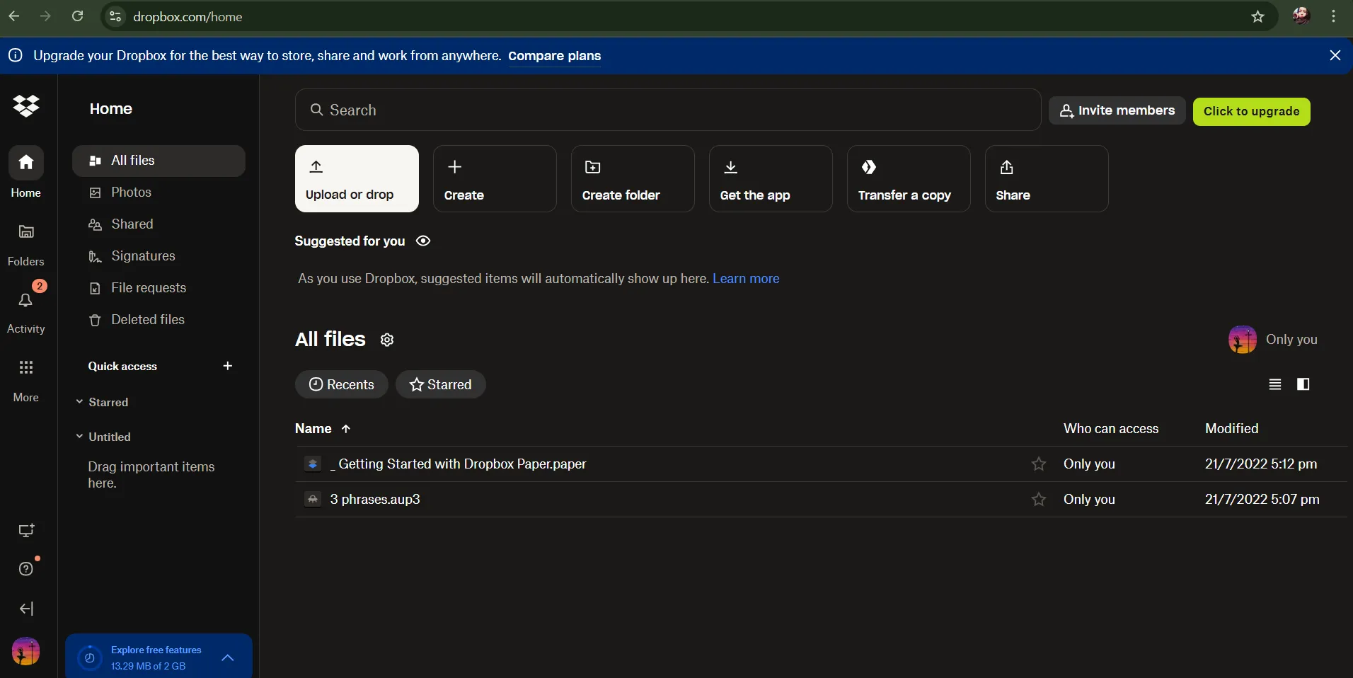 Sign up to Dropbox to send large file via email for free