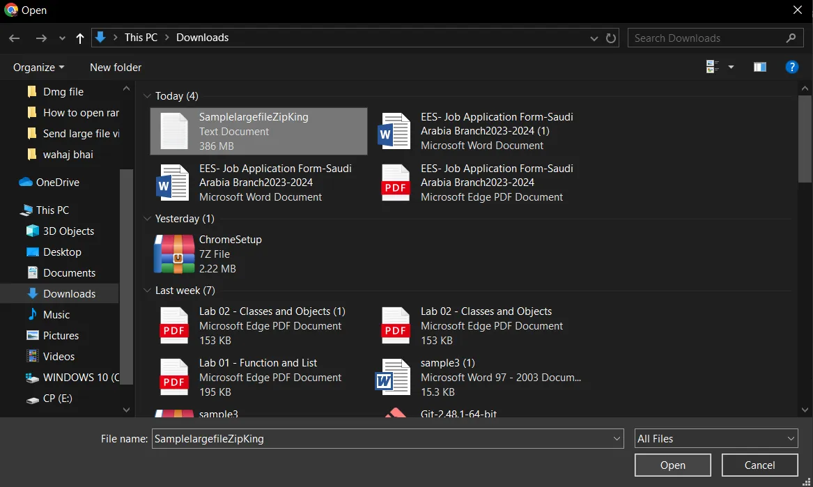 Select file and click open to upload file on Dropbox