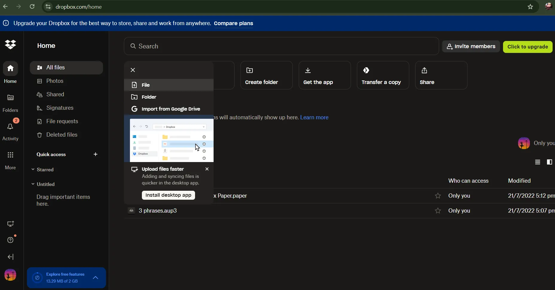 Click on file to select files to send large files via email
