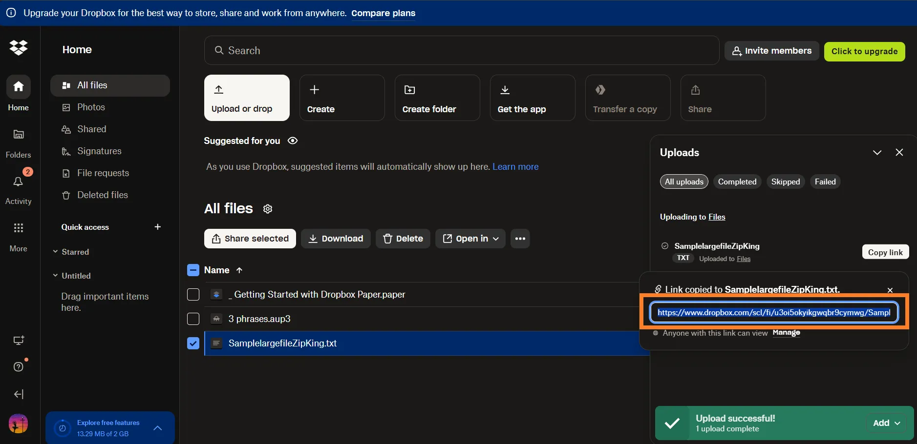 Copy shareable link to send large file free via email