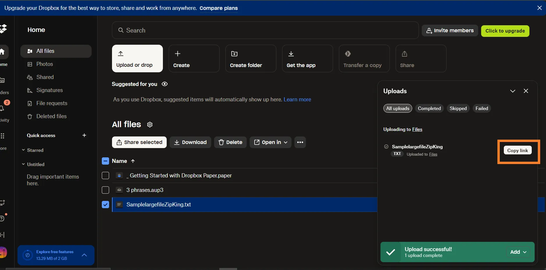 Create a shareable link to send large file via email using Dropbox