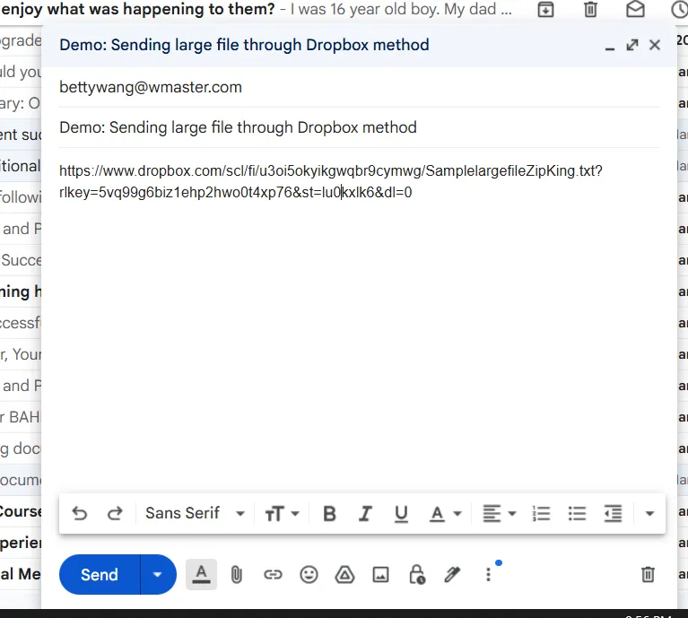 Paste shareable link to email body to send large files via email