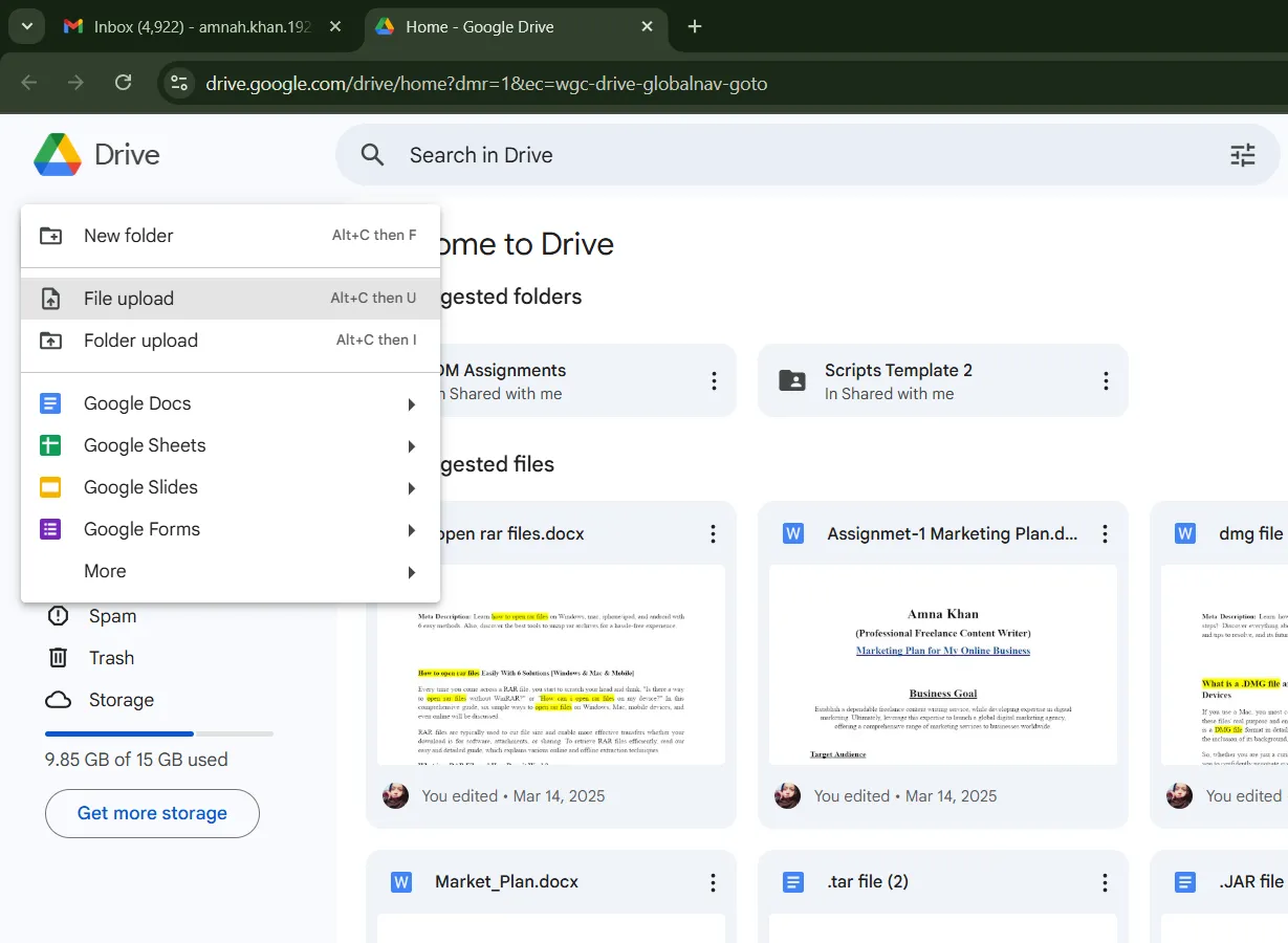 Log in to Google Drive and upload files