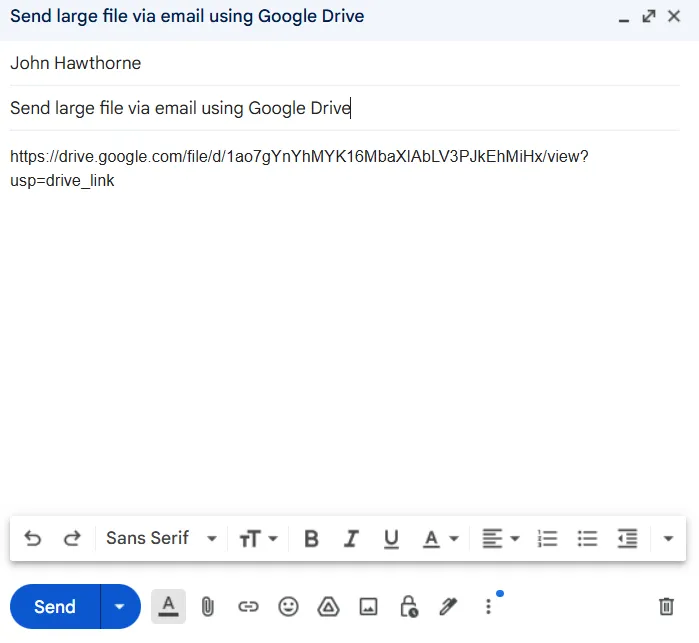 Paste Google Drive link to send large files via email