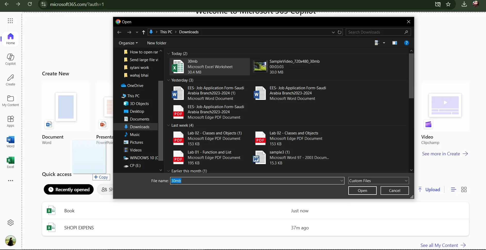 To upload, select file, drag and drop file to the Onedrive window
