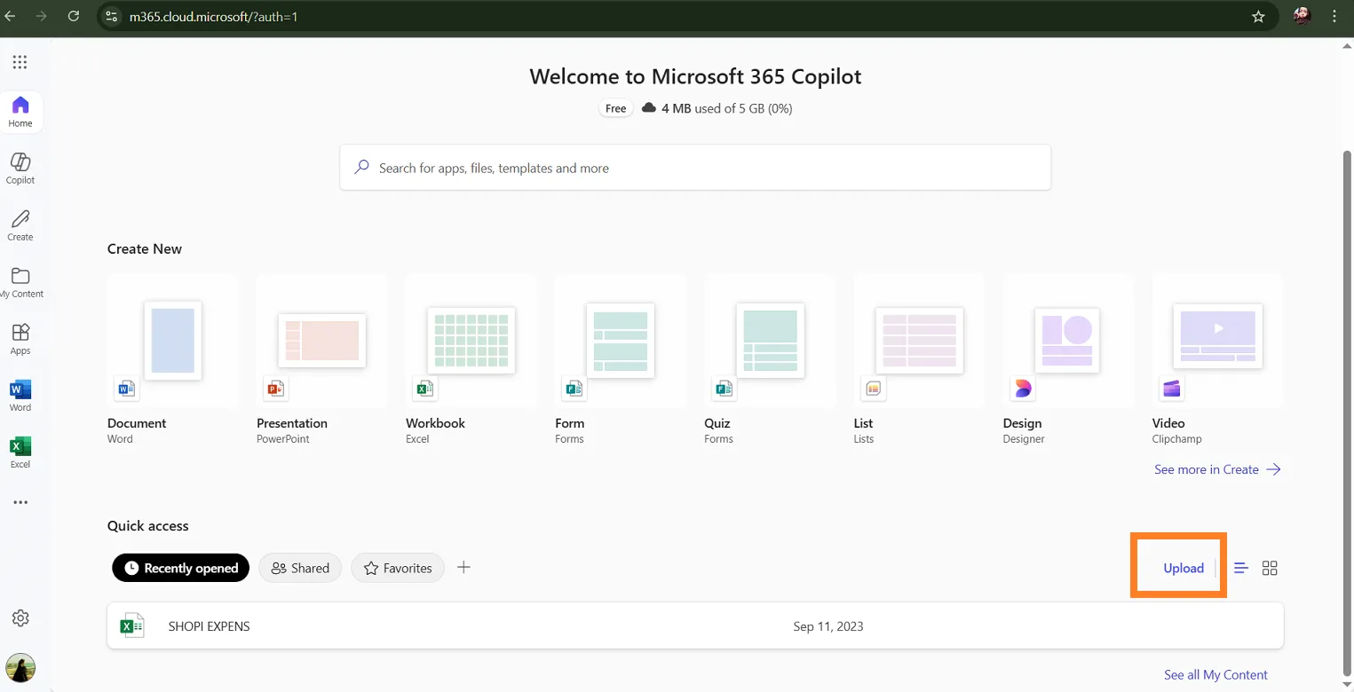 Sign in and upload file to OneDrive