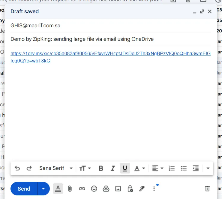 Paste a shareable link to send large files via email attachment