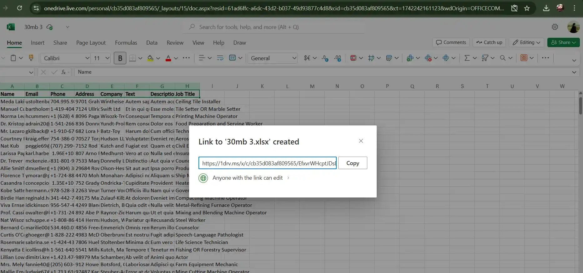 Copy shareable link to send large file via email for free using OneDrive