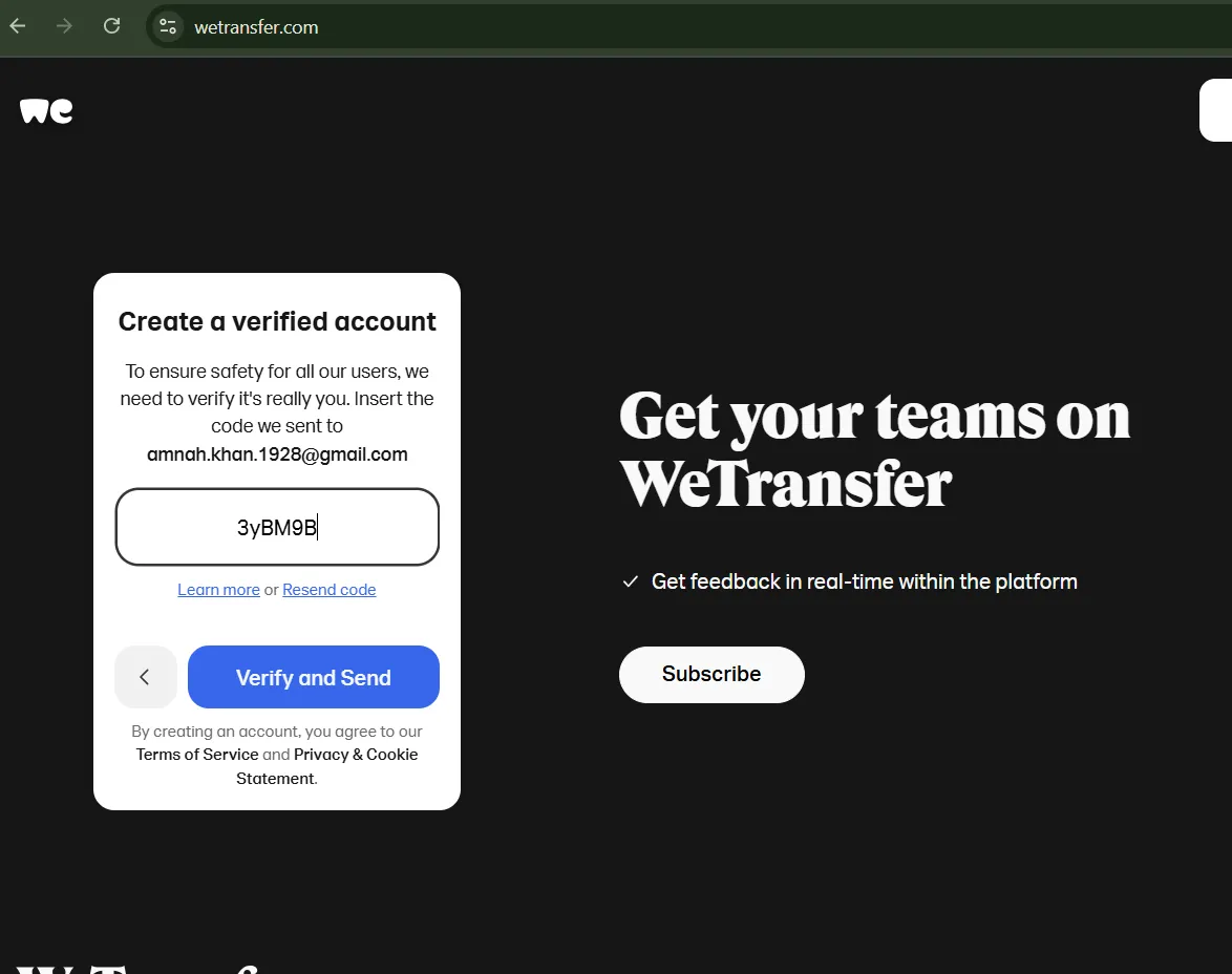 Enter verification code to send large files via email