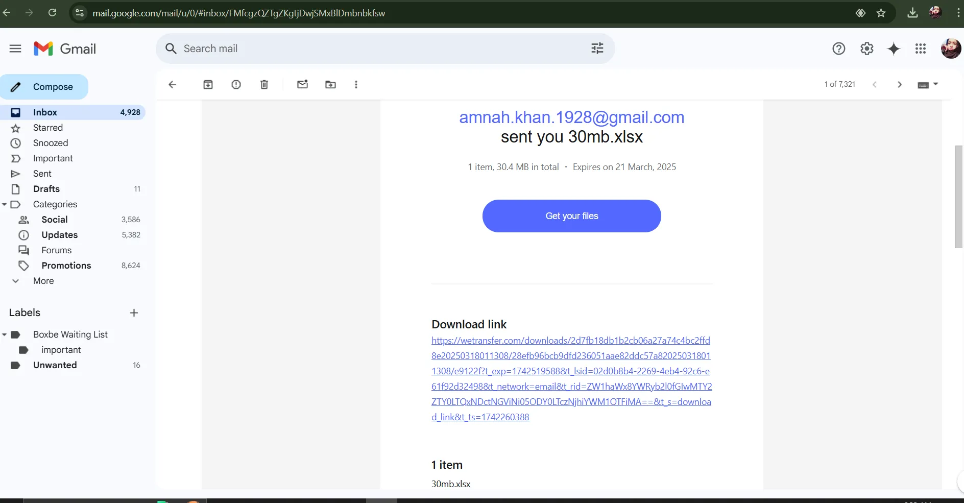 Open email by Wetransfer and find the download link