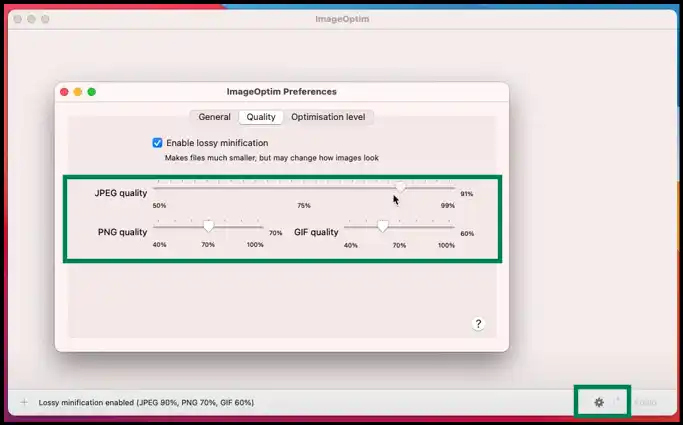 Drag and drop image and set compression quality to shrink image file size on Mac with ImageOptim